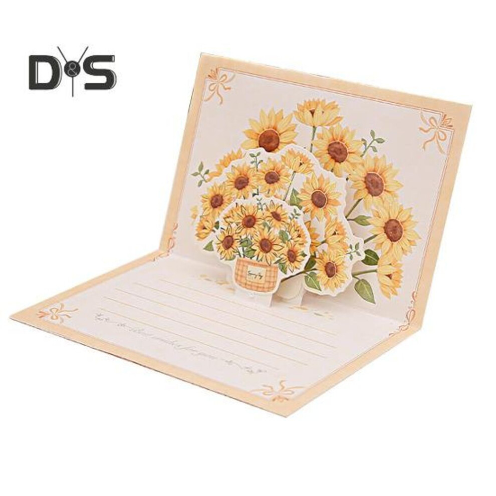 (yellow) Pop-Up Greeting Card 3D Flower Bouquet Card Handmade Rose Sunflower Tulip Gift Card for Mother's Day Graduation Anniversary