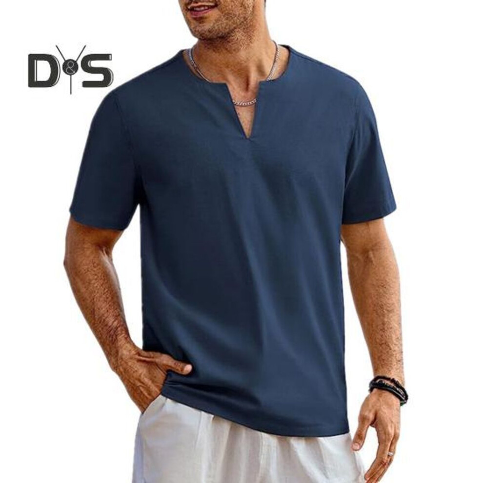(navy blue, 3XL) Men Summer T Shirt Solid Color Short Sleeve V Neck Soft Breathable Cotton Linen Mid Length Pullover Casual Daily Beach Top