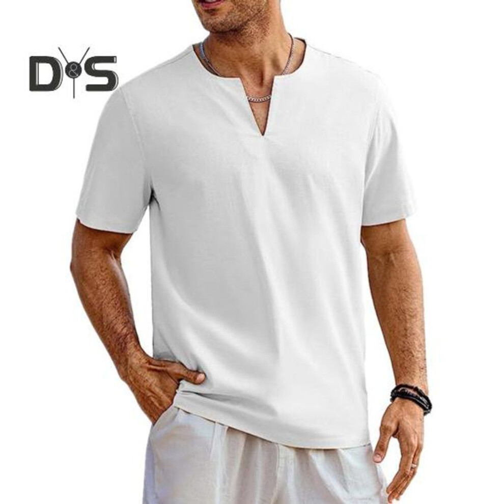 (white, 3XL) Men Summer T Shirt Solid Color Short Sleeve V Neck Soft Breathable Cotton Linen Mid Length Pullover Casual Daily Beach Top