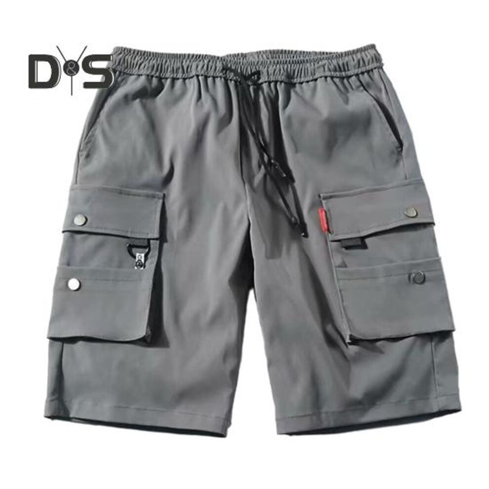 (grey, XL) Summer Men Elastic Waistband Drawstring Shorts Multi Pockets Solid Color Straight Wide Leg Mid rise Sport Cargo Shorts Streetwear