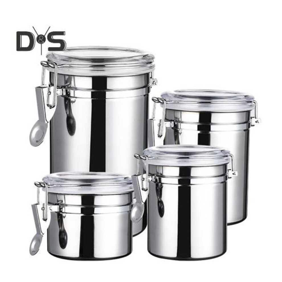 (silver, 5inch Sets) 4pcs Stainless Steel Airtight Canister Set Food Storage Jar Moisture-proof Kitchen Counter Sugar Flour Storage Organizer With Clear Lid