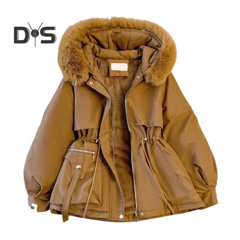 (coffee, M) Winter Women Cotton Jacket Furry Hood Thickened Plush Long Sleeves Elastic Waist Pockets Zipper Closure Coat Mid Length Windproof Warm Down Coat