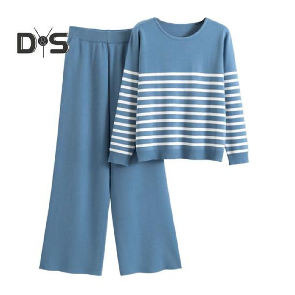 (blue) 2 Pcs/set Women Top Pants Set Striped Print Round Neck Long Sleeves Sweatshirt Elastic Waist Wide Leg Sweatpants Sport Outfit Autumn Casual Tracksuit