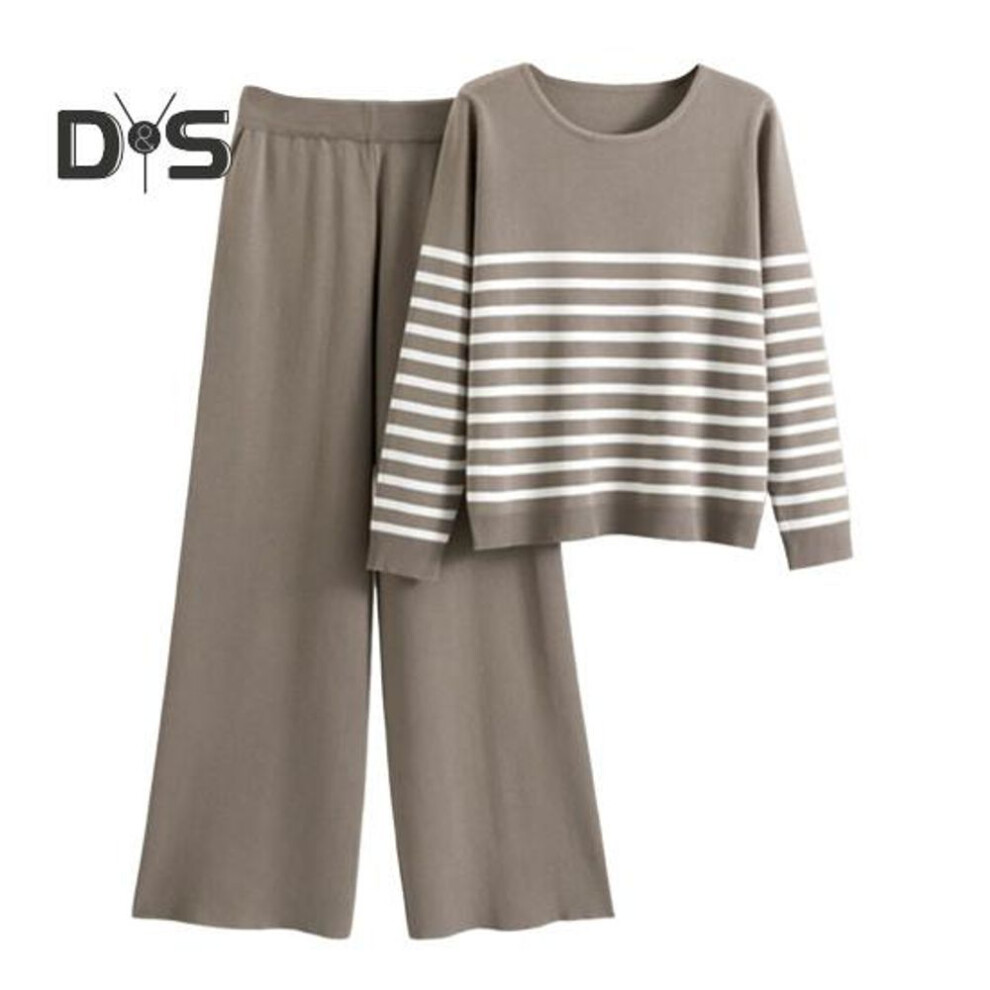 (camel) 2 Pcs/set Women Top Pants Set Striped Print Round Neck Long Sleeves Sweatshirt Elastic Waist Wide Leg Sweatpants Sport Outfit Autumn Casual Tracksuit
