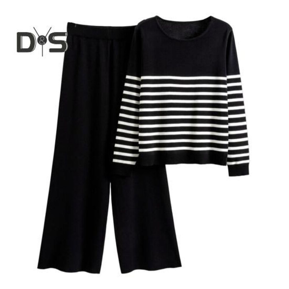 (black) 2 Pcs/set Women Top Pants Set Striped Print Round Neck Long Sleeves Sweatshirt Elastic Waist Wide Leg Sweatpants Sport Outfit Autumn Casual Tracksuit