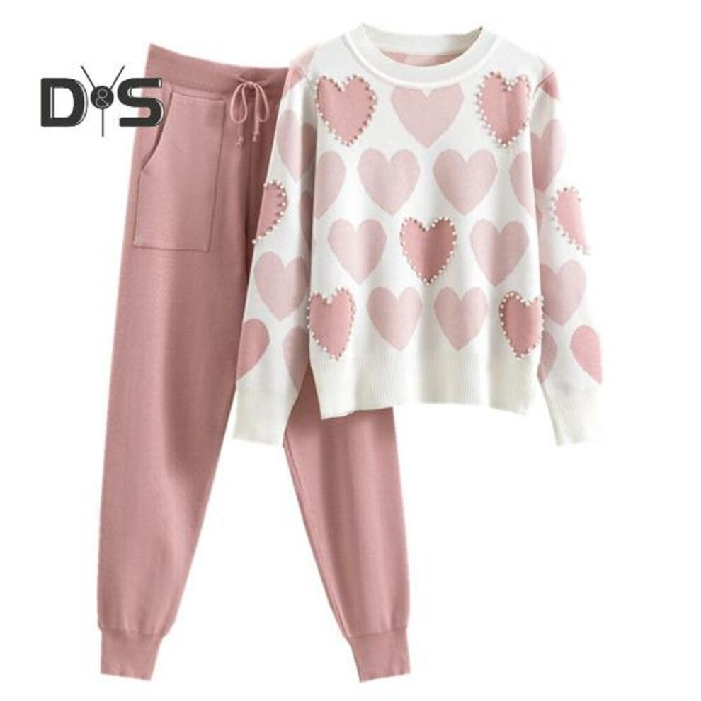 (pink, M) 2 Pcs/set Women Top Pants Set Heart Print Bead Decor Round Neck Long Sleeves Sweatshirt Elastic Waist Ankle-banded Sweatpants Sport Outfit Autumn