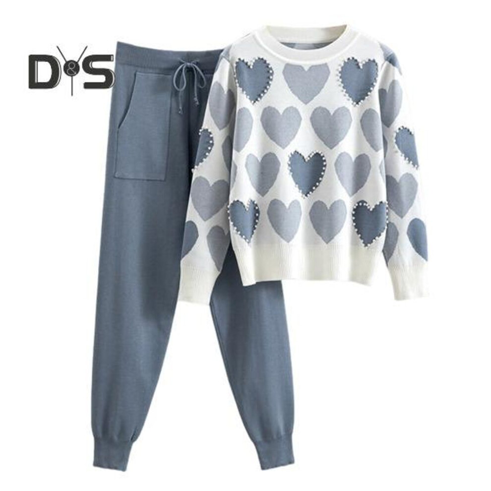 (blue, XL) 2 Pcs/set Women Top Pants Set Heart Print Bead Decor Round Neck Long Sleeves Sweatshirt Elastic Waist Ankle-banded Sweatpants Sport Outfit Autumn