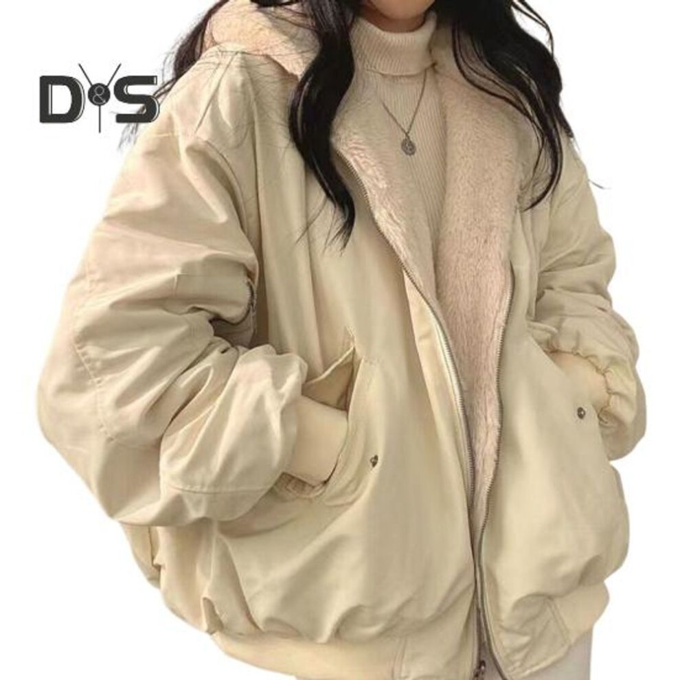 (apricot, XXL) Winter Women Jacket Thickened Fleece Lined Double-sided Wearing Hooded with Pockets Windproof Heat Retention Zip-up Lady Coat