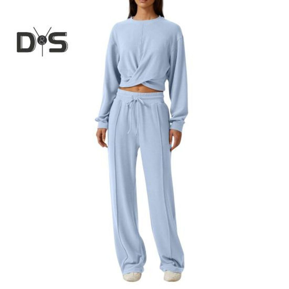 (light blue, XL) 2 Pcs/Set Women Top Pants Set Round Neck Long Sleeve Crop Top Drawstring Elastic Waist Wide Leg Sweatpants Sport Outfit Spring Autumn Tracksuit