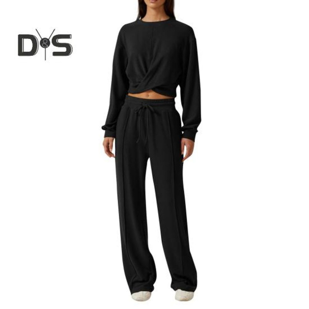 (black, XL) 2 Pcs/set Women Top Pants Set Round Neck Long Sleeve Crop Top Drawstring Elastic Waist Wide Leg Sweatpants Sport Outfit Spring Autumn Tracksuit