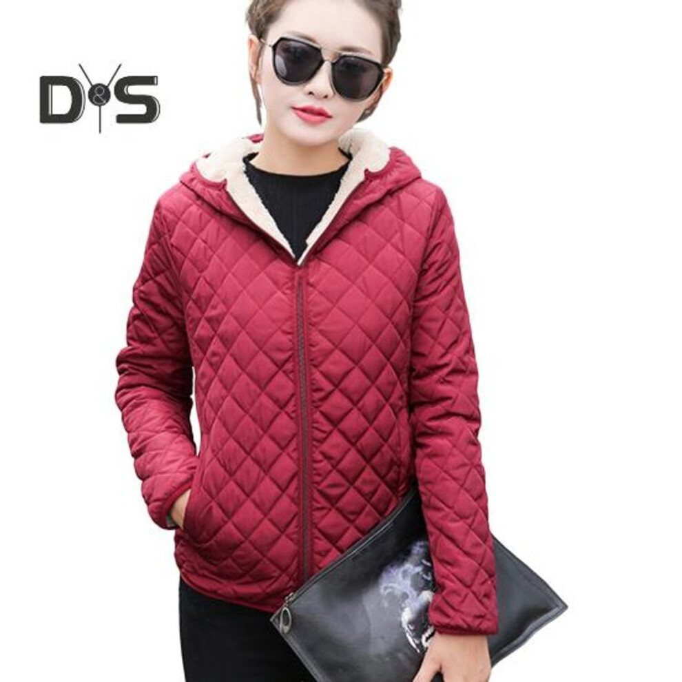 (wine red, XXXL) Winter Women Jacket Hooded Zip-up Long Sleeves Thick Plush Lined Solid Color Cardigan Keep Warm Commuting School Coat