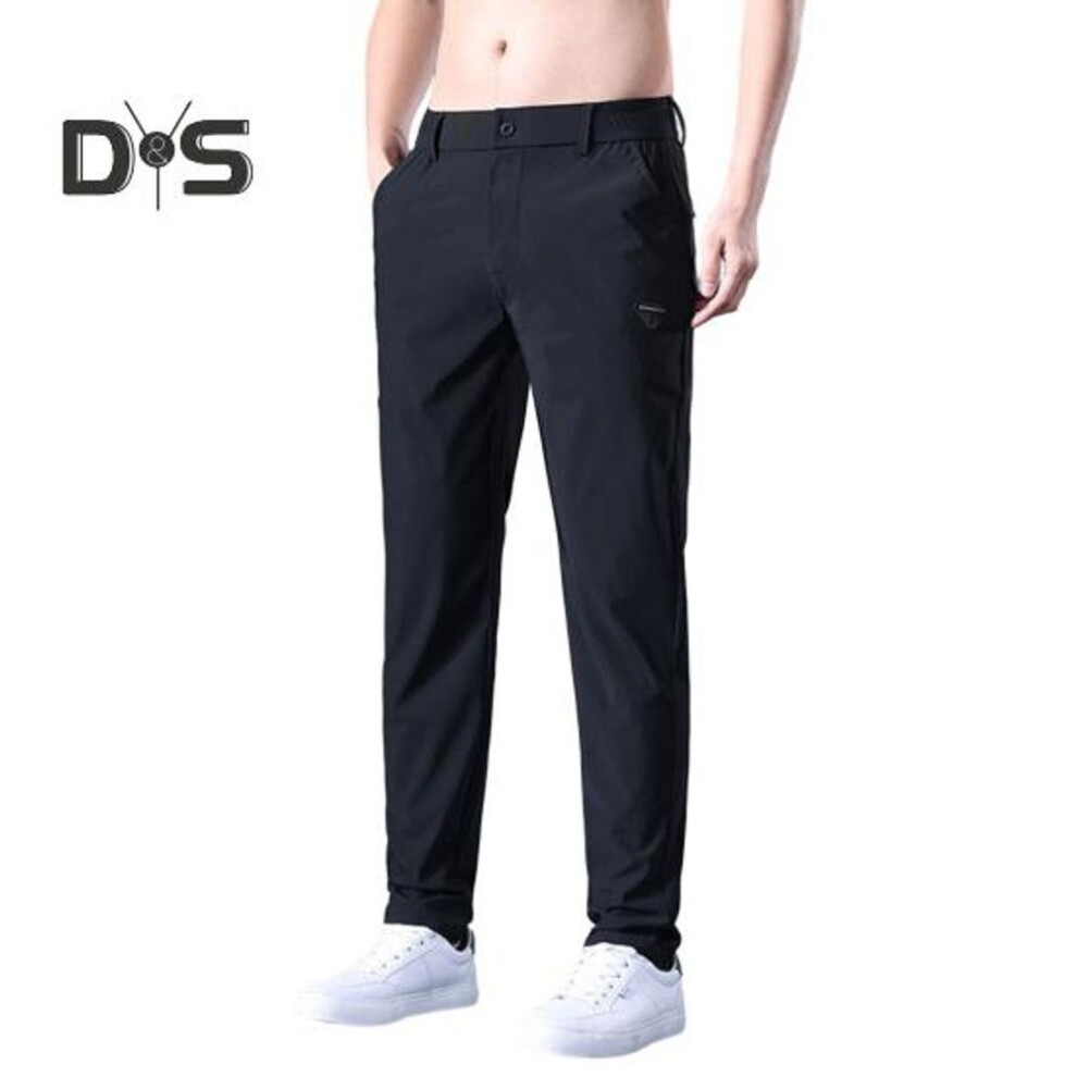 (black, 34) Men Pants Elastic Waist Smooth Straight Solid Color Soft Breathable Quick Dry Pockets Mid Waist Casual Daily Long Trousers