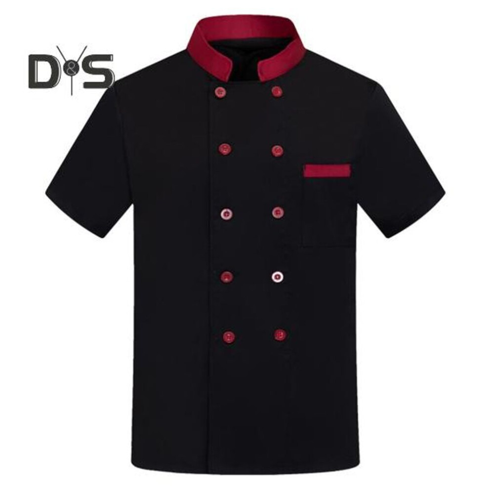 (black, 2XL) Unisex Kitchen Hotel Chef Uniform Bakery Food Service Cook Mesh Back Stand Collar Short Sleeve Shirt Breathable Double Breasted Chef Jacket Clothes