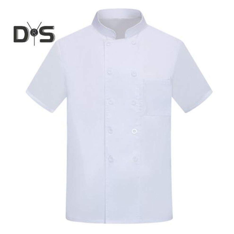 (white, M) Unisex Kitchen Hotel Chef Uniform Bakery Food Service Cook Mesh Back Stand Collar Short Sleeve Shirt Breathable Double Breasted Chef Jacket Clothes