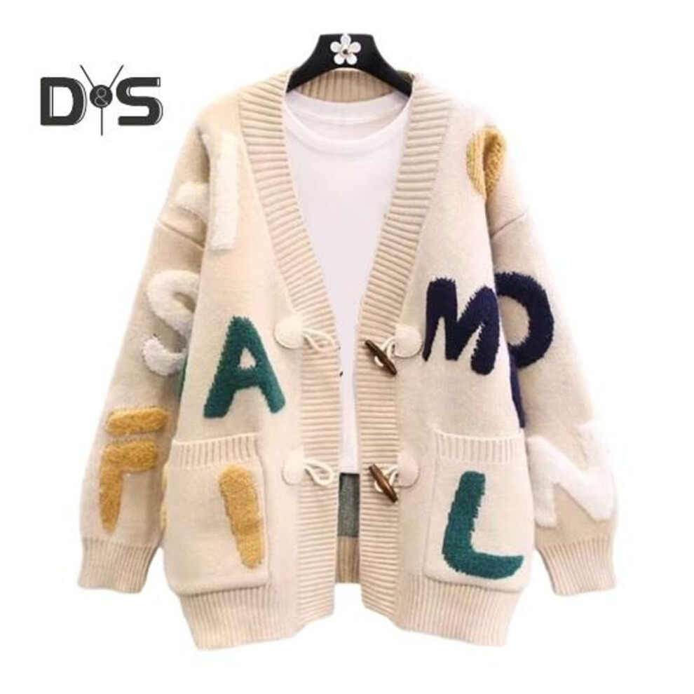 (apricot) Women Sweater Coat V-Neck Long Sleeve Letter Print Knitting Coat Single Breasted Pockets Loose Fit Knitting Cardigan