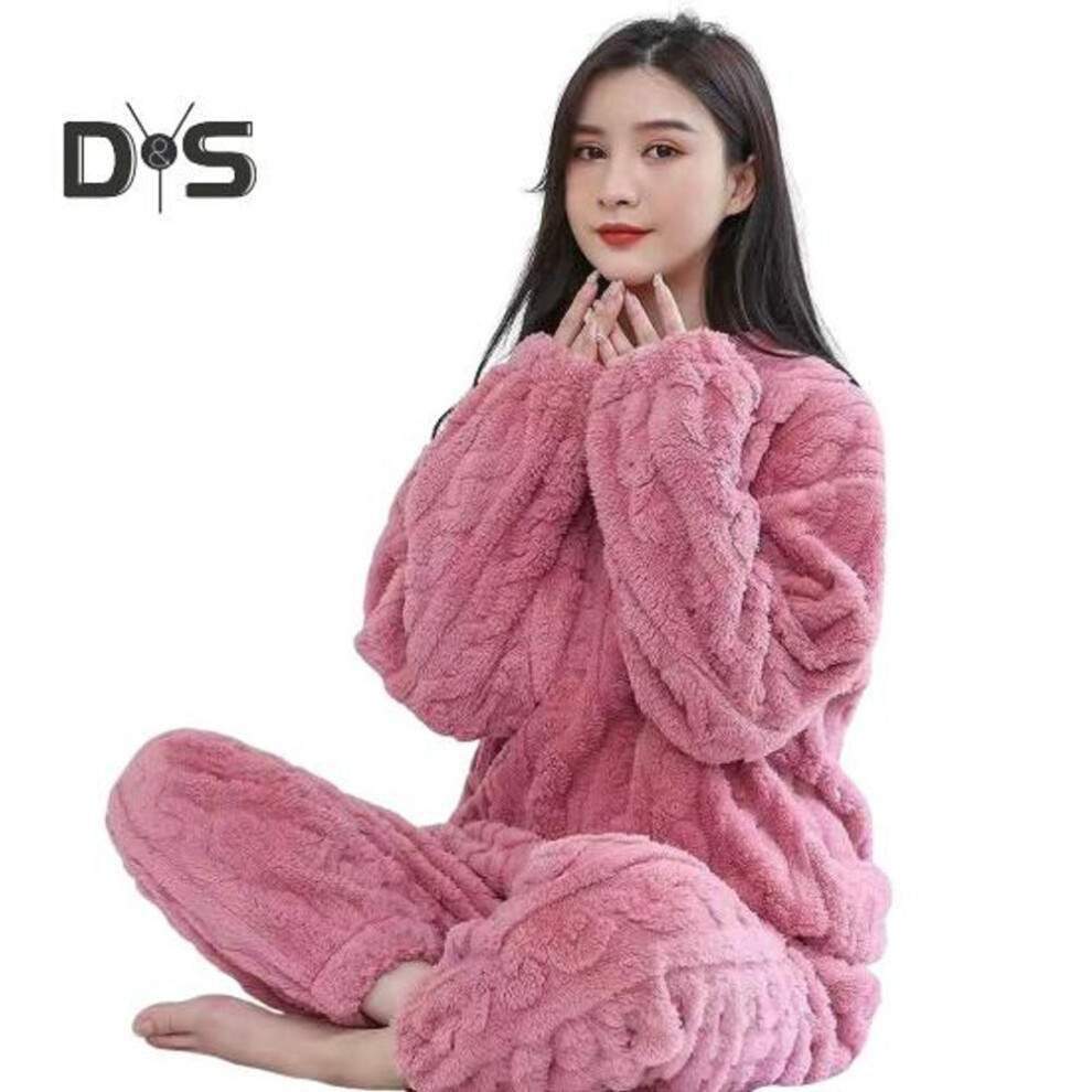 (pink) 2 Pcs/set Unisex Winter Pajamas Set Round Neck Solid Color Thickened Coral Fleece Homewear Top Pants Set Loose Loungewear Couple Nightwear Set
