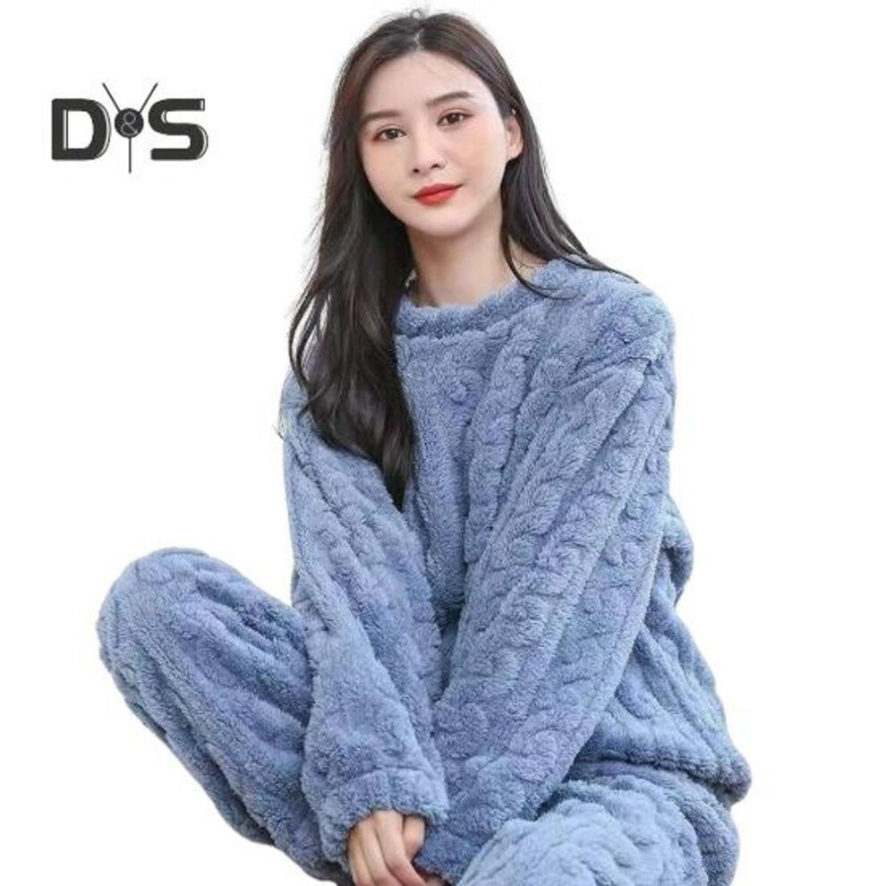 (blue) 2 Pcs/set Unisex Winter Pajamas Set Round Neck Solid Color Thickened Coral Fleece Homewear Top Pants Set Loose Loungewear Couple Nightwear Set