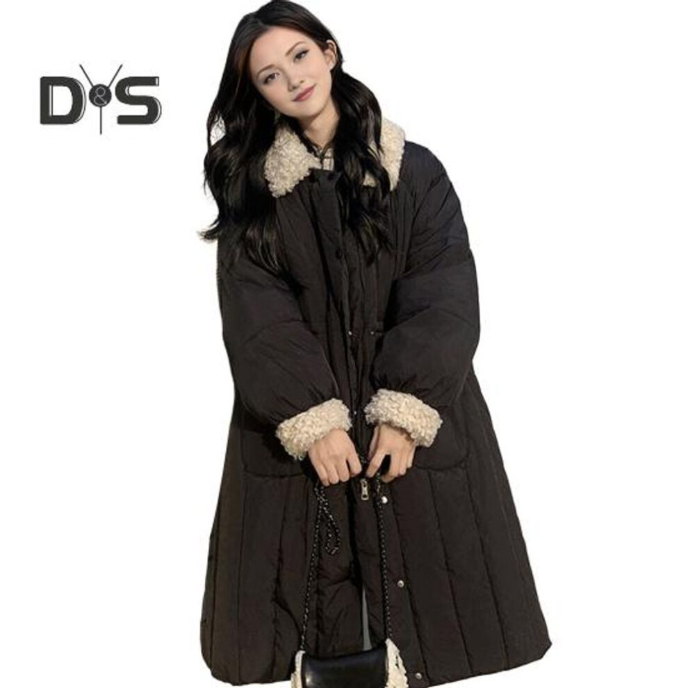 (black, M) Winter Cotton Coat Calf Length Thickened Padded Single-breasted Turn-down Collar Loose Long Sleeves Overcoat Slim Waist Fleece Parka