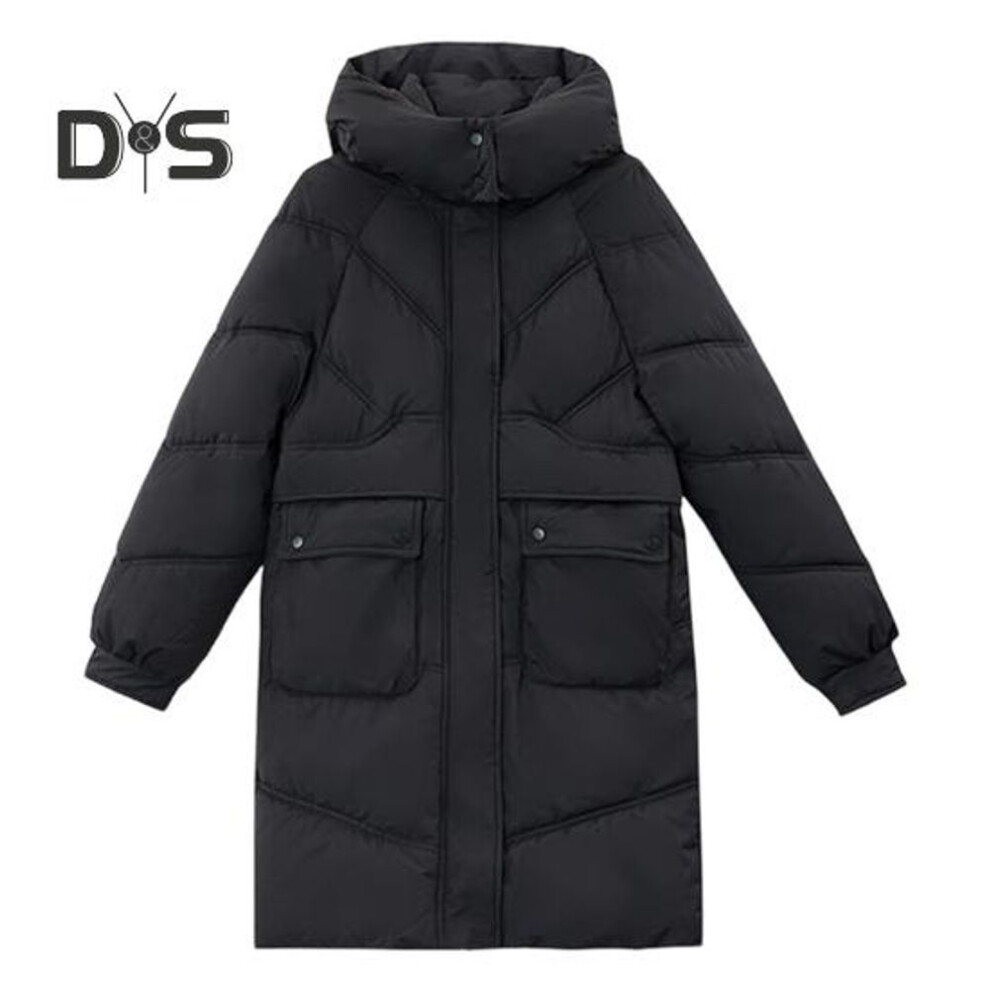 (black, 2XL) Winter Down Coat Neck Protection Stand Collar Padded Hooded with Pockets Zip-up Parka Windproof Heat Retention Daily Cold Weather Outwear Cotton