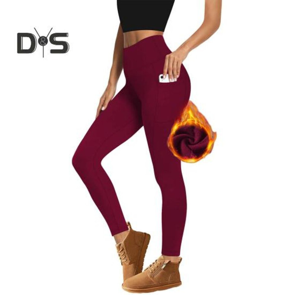 (wine red, XL) Women Leggings High Waist Velvet Thickened Warm Slim Fit Yoga Pants with Pockets Autumn Winter Leggings