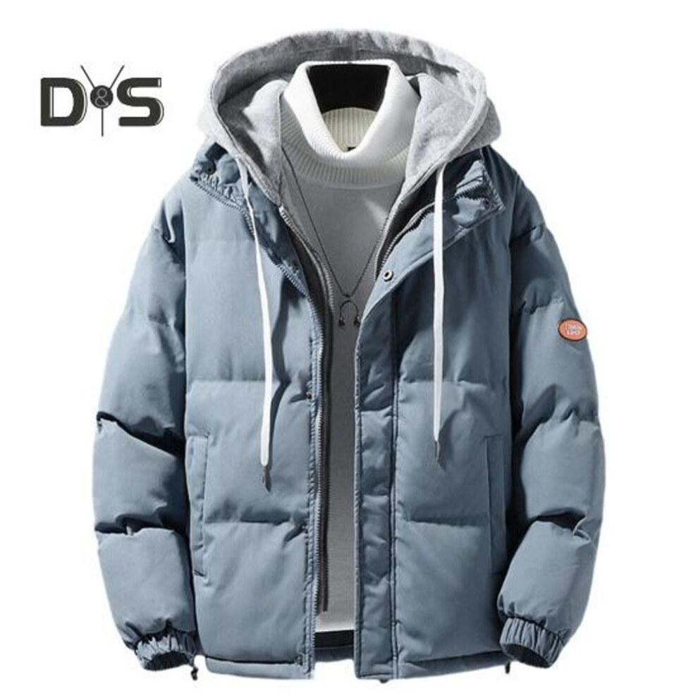 (blue, M) Men Autumn Winter Hooded Long Sleeve Coat Fake Two Pieces Pockets Zipper Placket Jacket Windproof Thickened Cotton Outwear