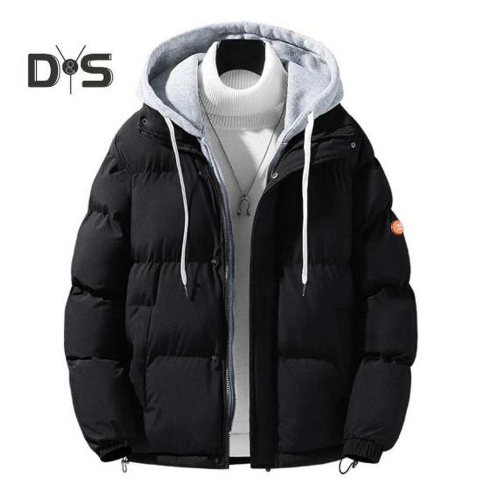 (black, XL) Men Autumn Winter Hooded Long Sleeve Coat Fake Two Pieces Pockets Zipper Placket Jacket Windproof Thickened Cotton Outwear