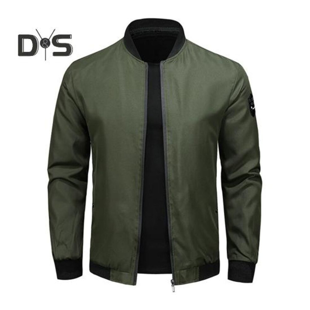 (army green, XL) Men Fall Spring Coat Stand Collar Long Sleeves Pockets Solid Color Cardigan Zipper Closure Soft Casual Breathable Men Jacket