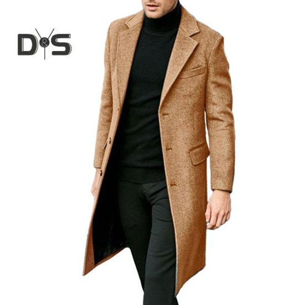 (camel, 3XL) Men Autumn Winter Windbreaker Solid Color Turn down Collar Single breasted Split Thick Straight Knee Length British Style Long Coat