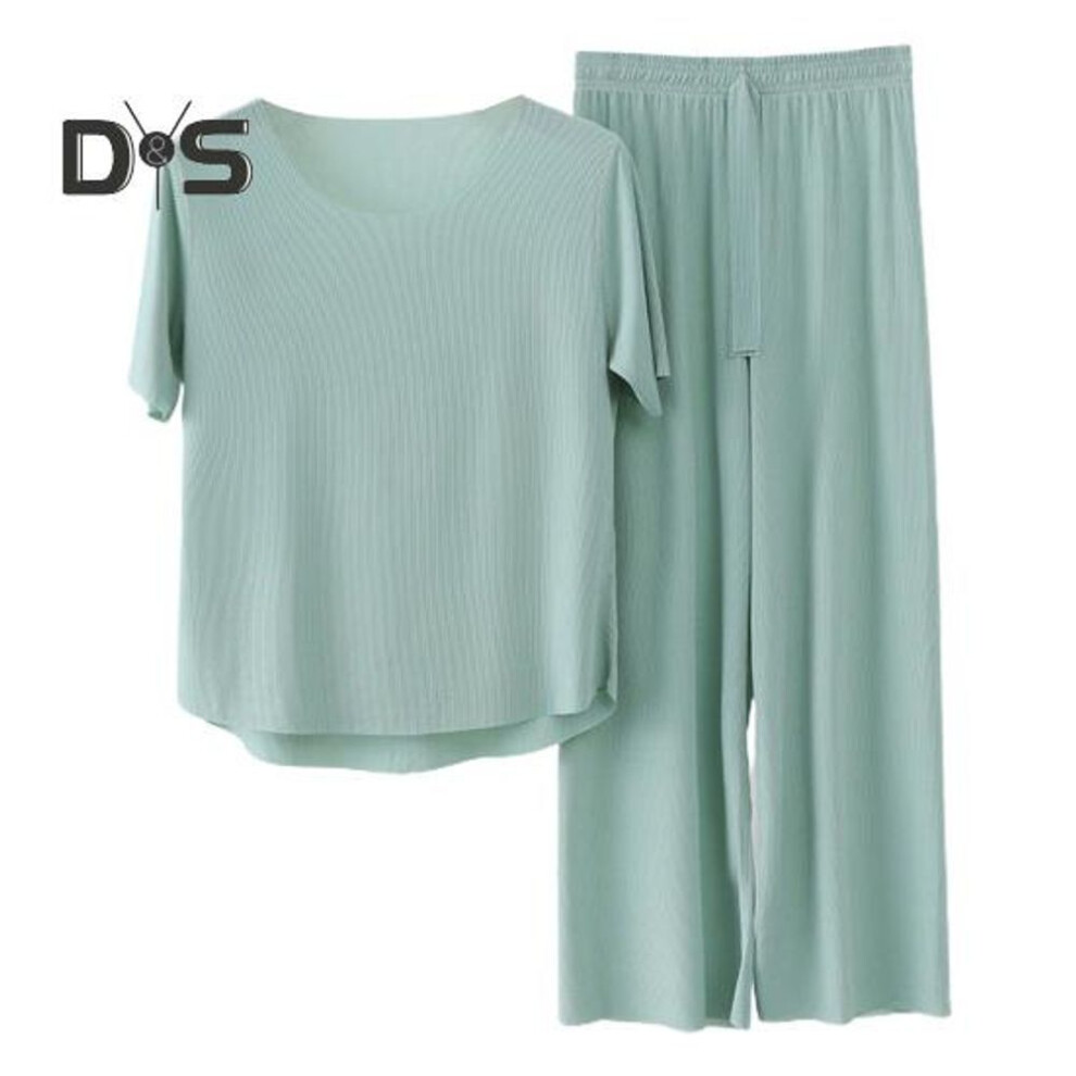 (XL, green) 2pcs/set Women Pajamas Seamless Ice Silk Round Neck Short Sleeve Solid Color Elastic Waist Wide Leg Loose Soft Breathable Homewear Top Pants Set