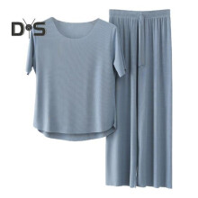 (XL, blue) 2Pcs/Set Women Pajamas Seamless Ice Silk Round Neck Short Sleeve Solid Color Elastic Waist Wide Leg Loose Soft Breathable Homewear Top Pants Set