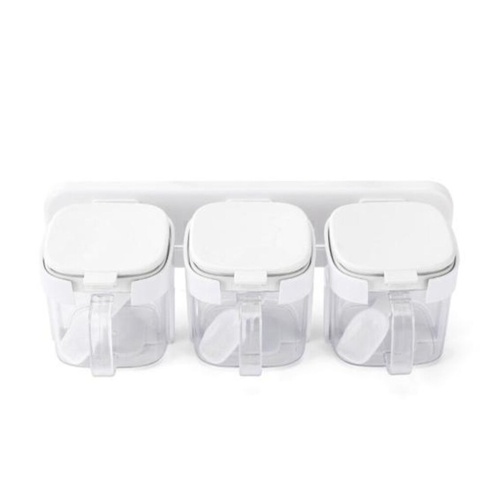 (white, 3 Grid.) Seasoning Container With Lid Wall Mounted Punch Free Transparent Cup Spice Rack Organizer Kitchen Accessories
