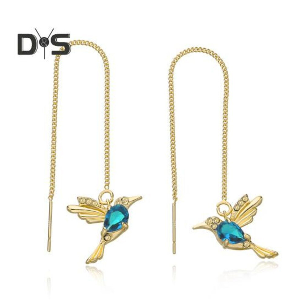 (blue) 1 Pair Women Threader Earrings Rhinestones Hummingbird Pendant Dangle Earrings Elegant Tassel Charm Long Earrings
