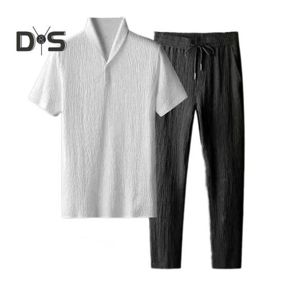 (black white, M) 2Pcs/Set Men Summer Casual Outfit Lapel Short Sleeve T-shirt Elastic Drawstring Waist Long Pants Set Sportswear Set Jogger Tracksuit