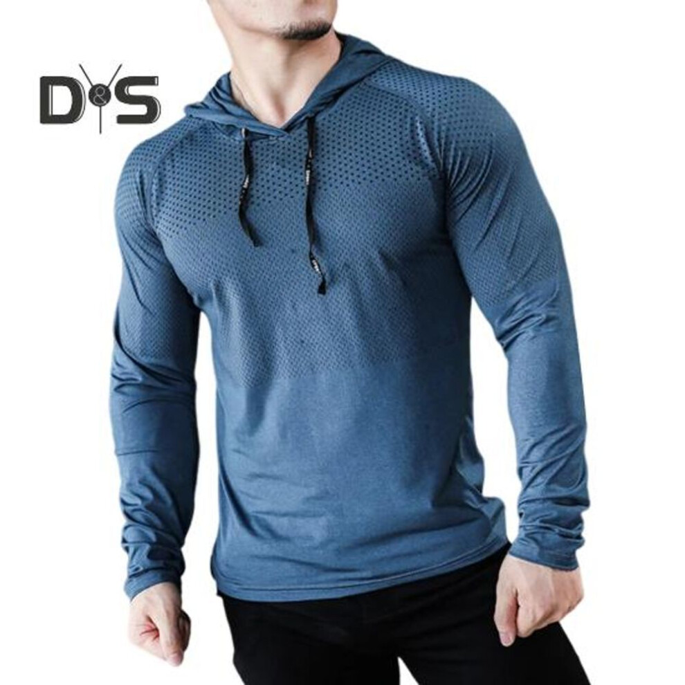 (royal blue, 3XL) Men Sport Top Drawstring Hooded Long Sleeve Slim Fit Soft Breathable High Elasticity Quick Dry Hollow Mesh Jogging Training Summer Spring Sweatshirt