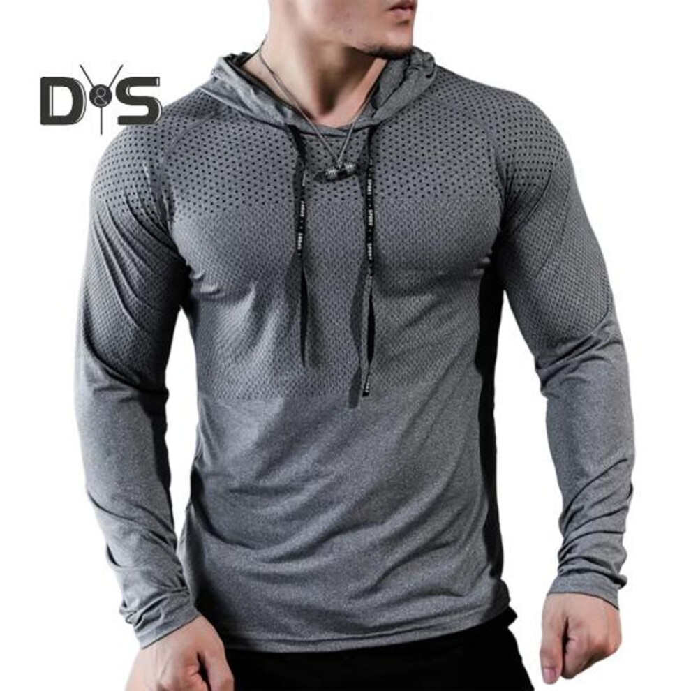 (grey, XL) Men Sport Top Drawstring Hooded Long Sleeve Slim Fit Soft Breathable High Elasticity Quick Dry Hollow Mesh Jogging Training Summer Spring Sweatshirt