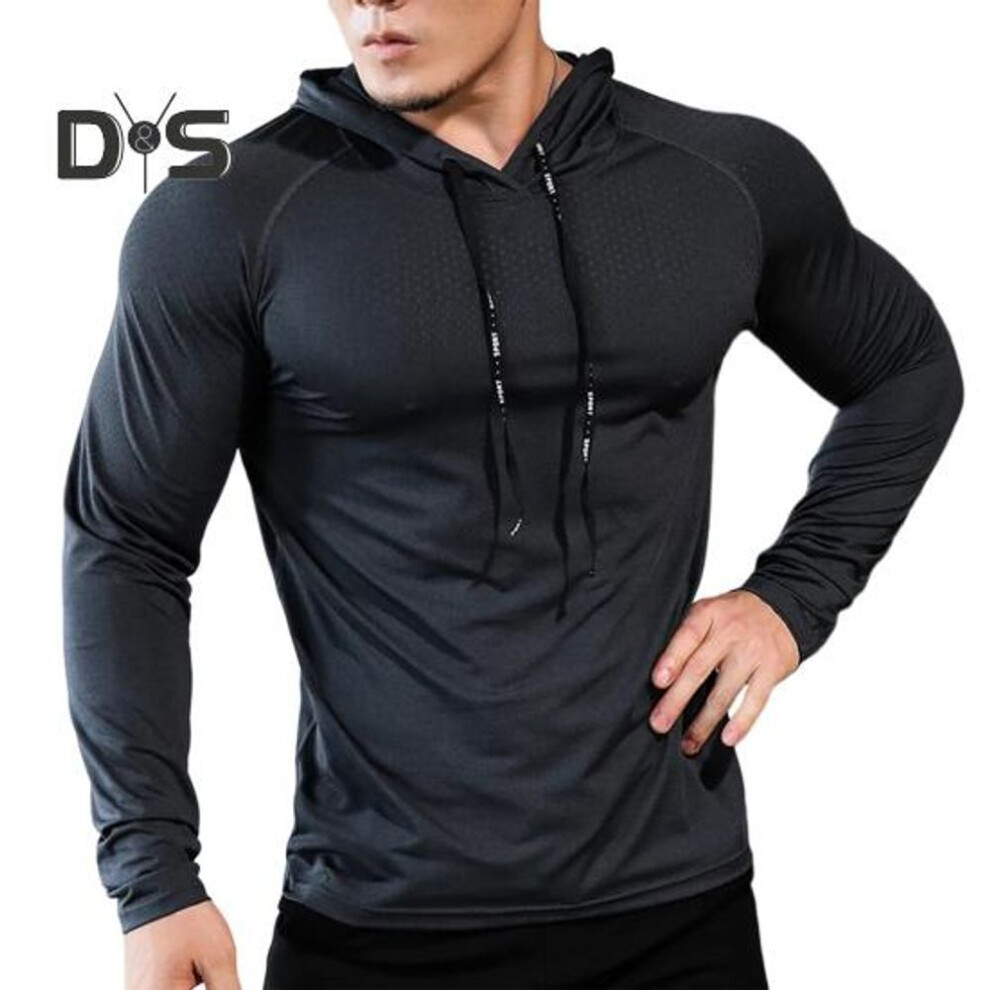 (black, 2XL) Men Sport Top Drawstring Hooded Long Sleeve Slim Fit Soft Breathable High Elasticity Quick Dry Hollow Mesh Jogging Training Summer Spring Sweatshirt
