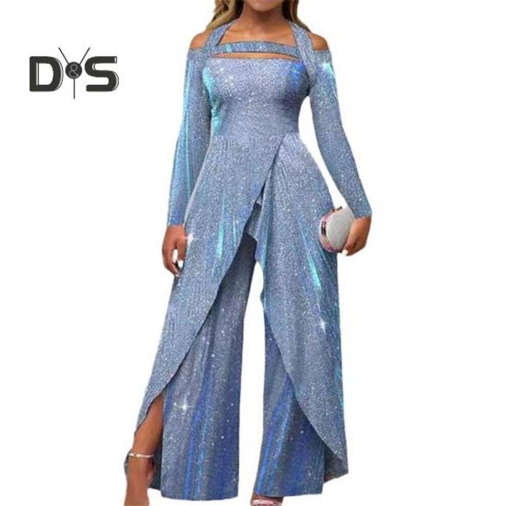 (L, sky blue) Women Jumpsuit Hollow Out Shiny Sequin Tight Mid Waist Halter Neck Wide Leg Long Sleeve Split Irregular Ankle Length Lady Party Prom Jumpsuit