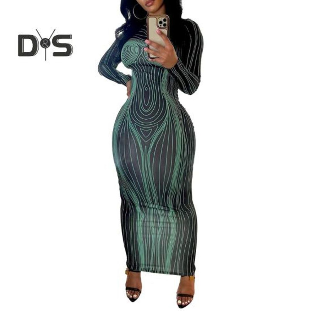 (black, 2XL) Women Maxi Dress Slim Fit Skinny Sheath Long Sleeve Elastic Round Neck Striped Print Soft Thin Ankle Length Lady Spring Fall Party Dress