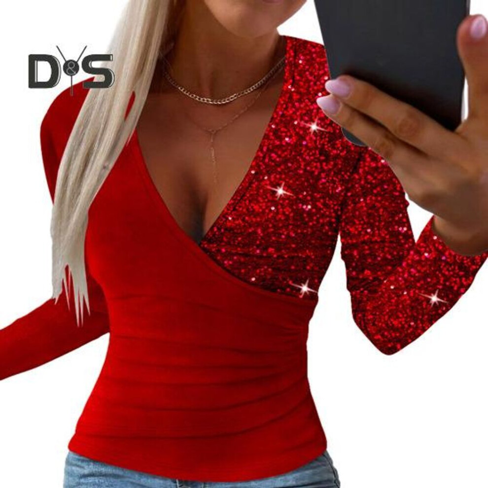(XL, red) Fall Spring Women Top V Neck Shiny Sequin Patchwork Design Long Sleeve Slim Fit Cross Irregular Hem Pleated Pullover Lady Blouse
