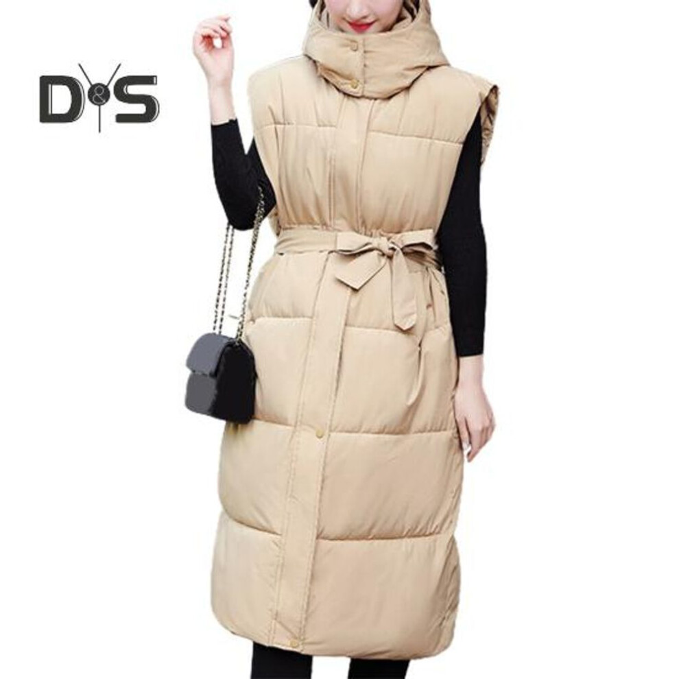 (khaki, 2XL) Autumn Winter Cotton Padded Vest Coat Women Long Down Waistcoat Windproof Hooded Warm Snow Waistcoat Outwear