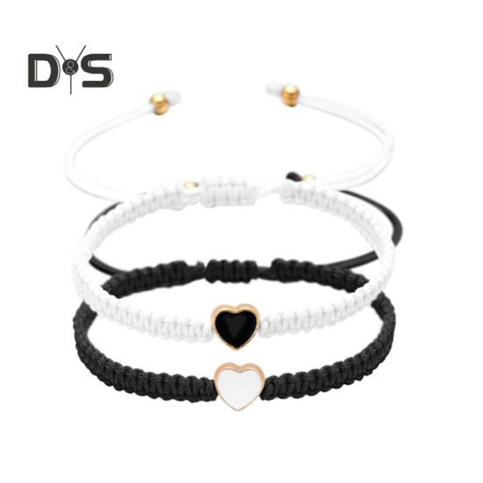 (black,white) 2pcs/set Couple Braided Bracelets Heart Decor Unisex Bracelet Adjustable Length Him Her Good Luck Bracelet Valentine Day Gift