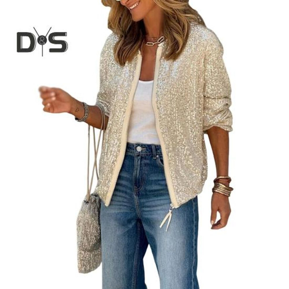 (silver, S) Shining Sequin Nightclub Women Coat O neck Long Sleeve Zipper Placket Casual Jacket Loose Fit Solid Color Coat Outwear