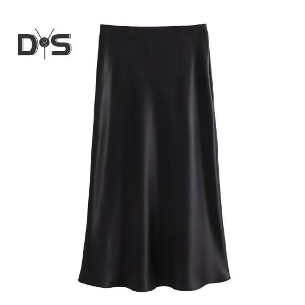 (S, black) Women Skirt High Waist Satin Solid Clolor Elastic A Line Slim Fit Soft Breathable Ankle Length Ol Commute Style Formal Party Prom Maxi Skirt