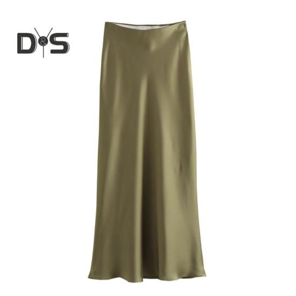 (S, green) Women Skirt High Waist Satin Solid Clolor Elastic A Line Slim Fit Soft Breathable Ankle Length Ol Commute Style Formal Party Prom Maxi Skirt