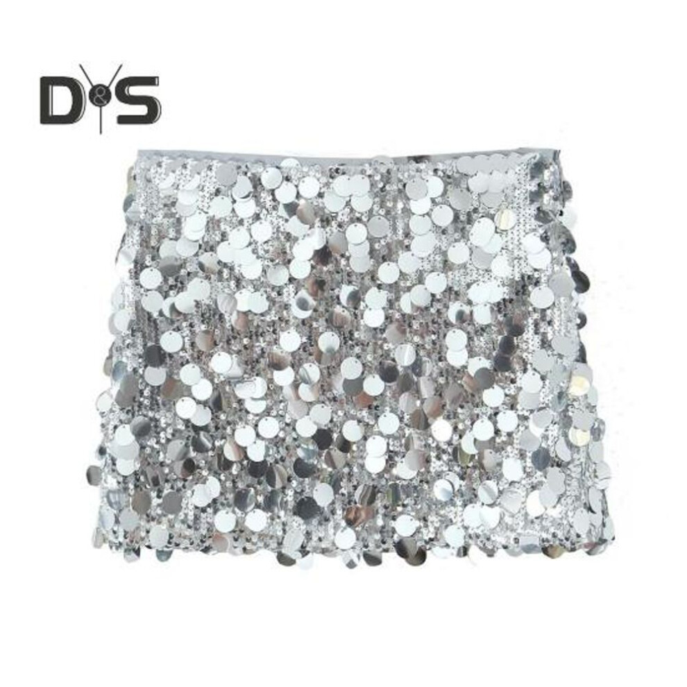 (L, silver) Women Sequin Skirt High Waist Slim Fit Sheath Soft Reflective Ultra Short Above Knee Firm Stitching Performance Stage Show Dance Mini Skirt