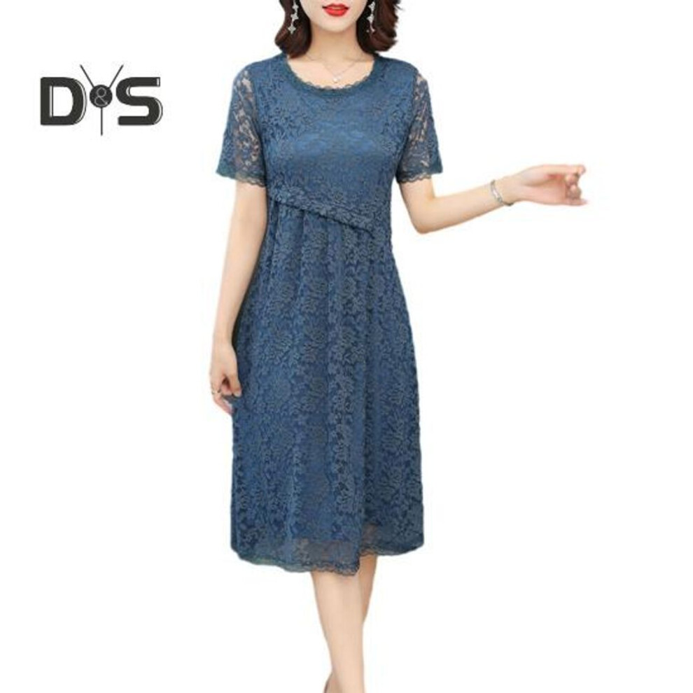 (blue, L) Women Dress Hollow Out Lace Round Neck Solid Color Flower Embroidery A Line Loose Hem Double Layers Knee Length Short Sleeve Lady Midi Dress
