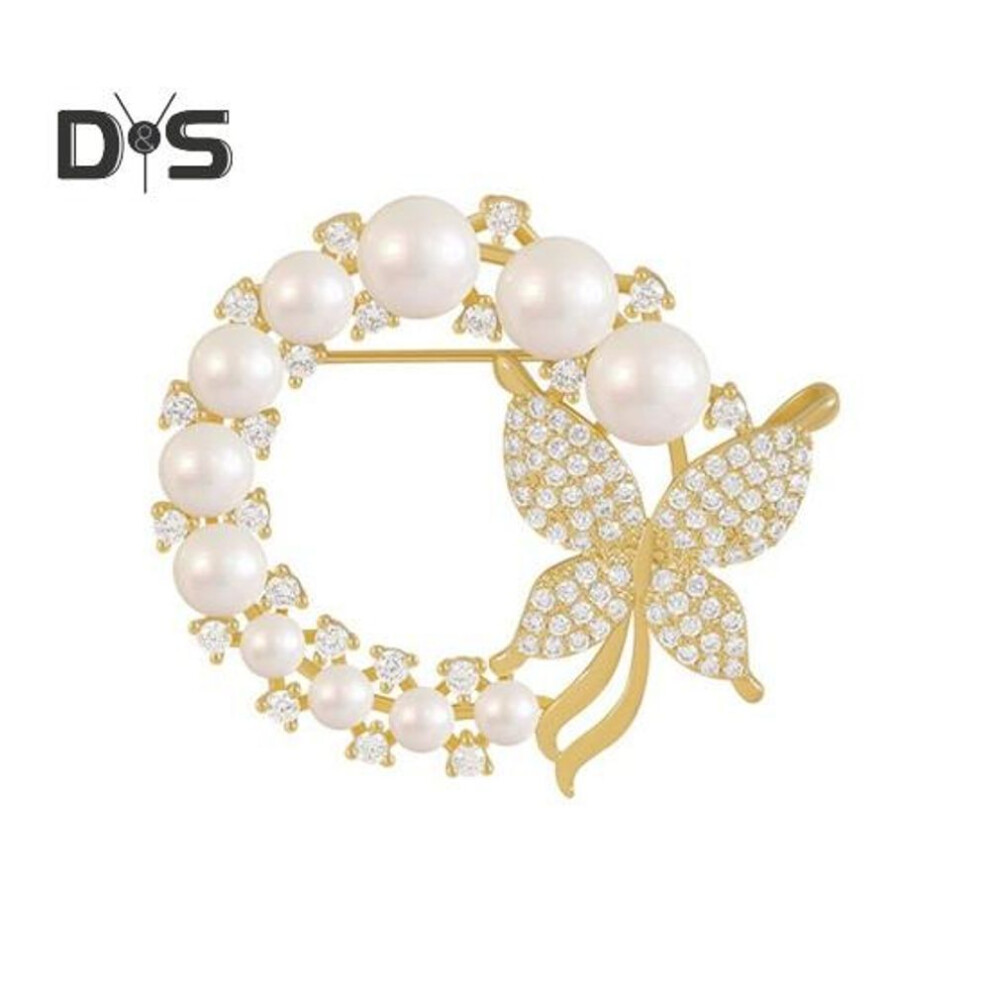 (golden) Women Brooch Faux Pearl Butterfly Rhinestone Decor Stainless Exquisite Vintage Anti-slip Wear-resistant Coat Collar Hat Scarf Decoration Clothes Pin