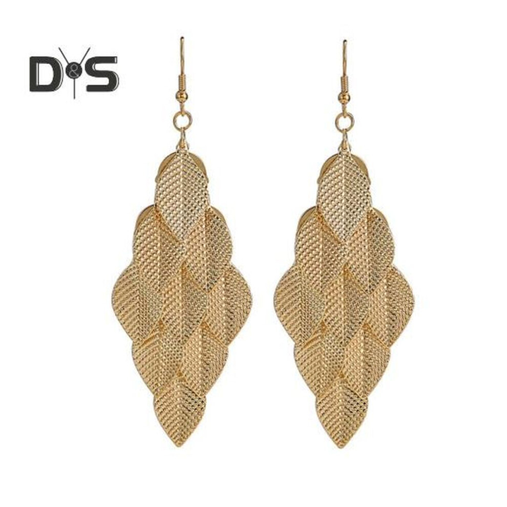 (golden) 1 Pair Women Hook Earrings 3D Leaf Shape Solid Color Electroplated Anti-allergy Lightweight Ear Decoration Jewelry Dangle Earrings Long Party Prom
