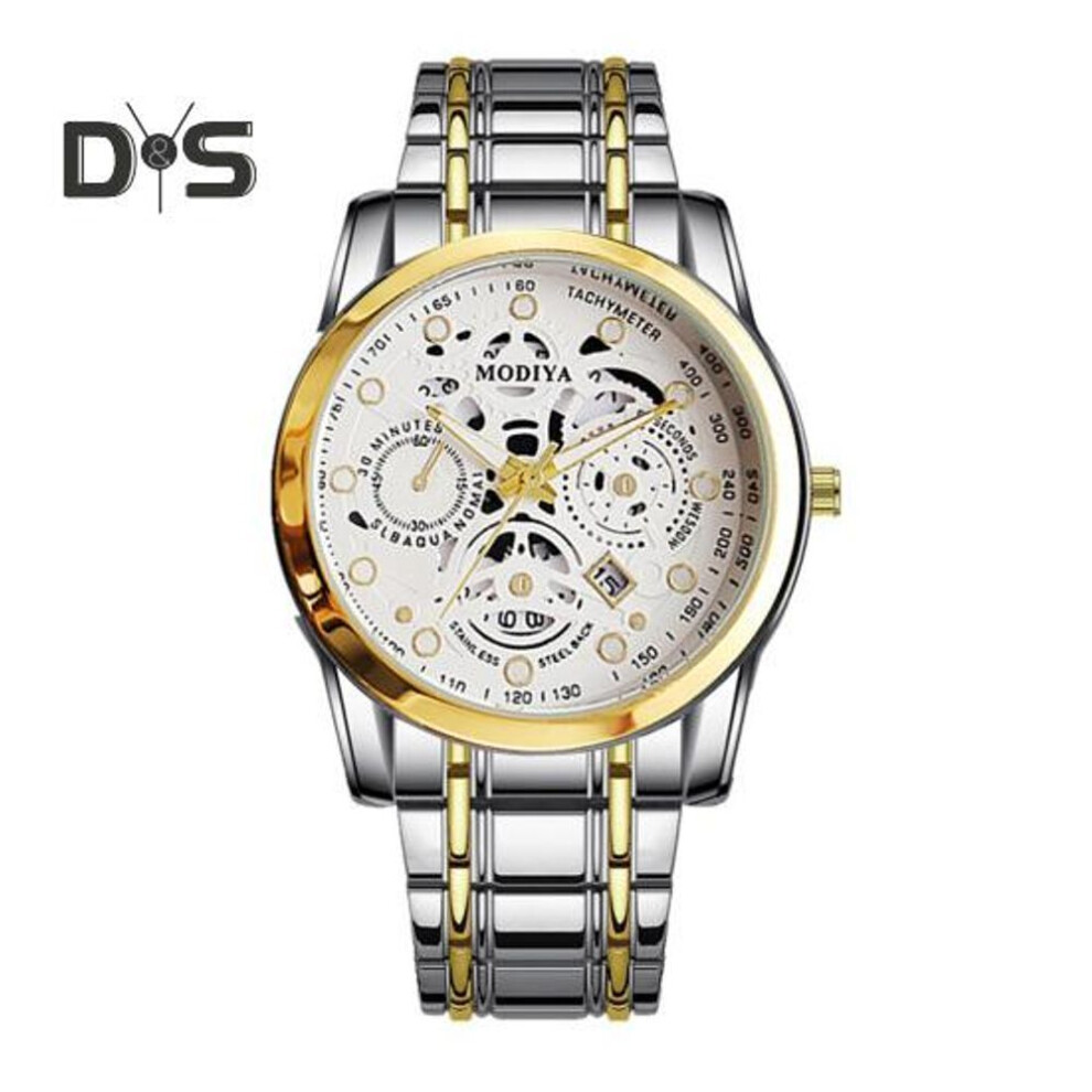 (white) Men Quartz Watch Round Dial Alloy Strap No Delay Night Light Time-checking Date Display Hollow Out High Accuracy Exquisite Formal Wristwatch Business
