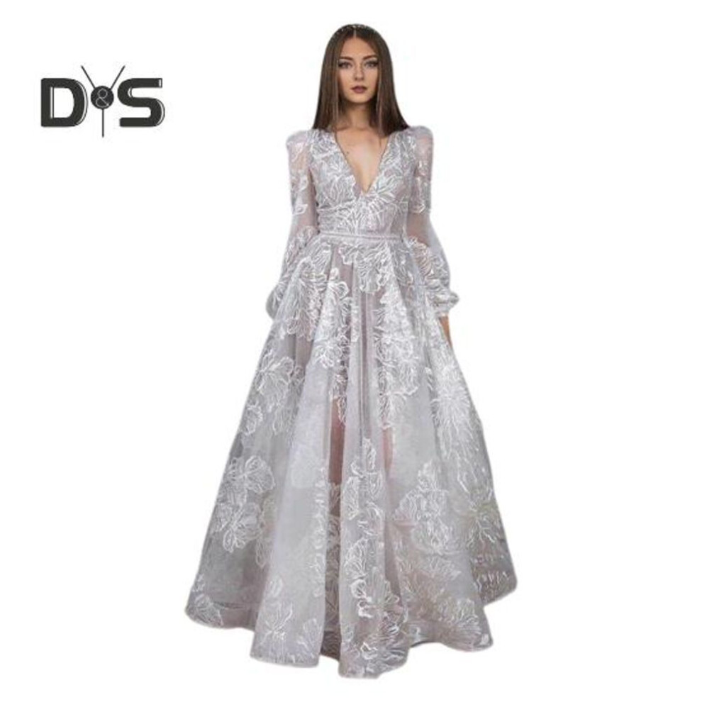 (white, XL) Women Evening Dress Deep V Neck Lace Floral Embroideried Maxi Dress A-line Big Swing Long Lantern Sleeves High Waist Pleated Ball Gown Prom Party